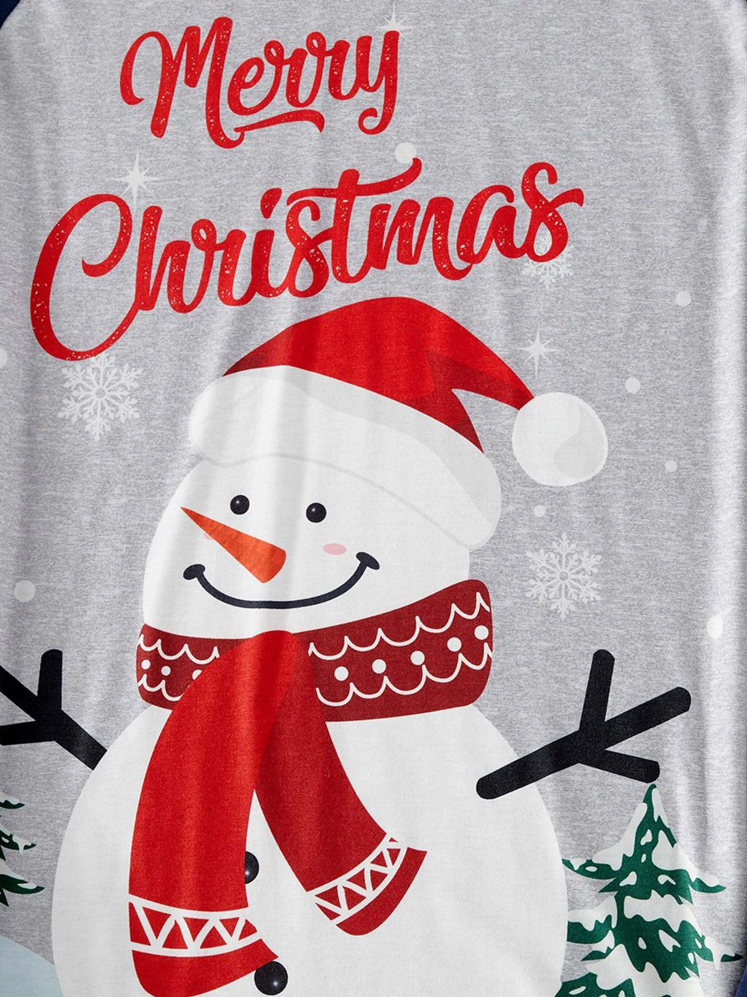 Christmas Snowman & Letter Print Family Matching Raglan-sleeve Pajamas Sets with Christmas Socks ColorBlock