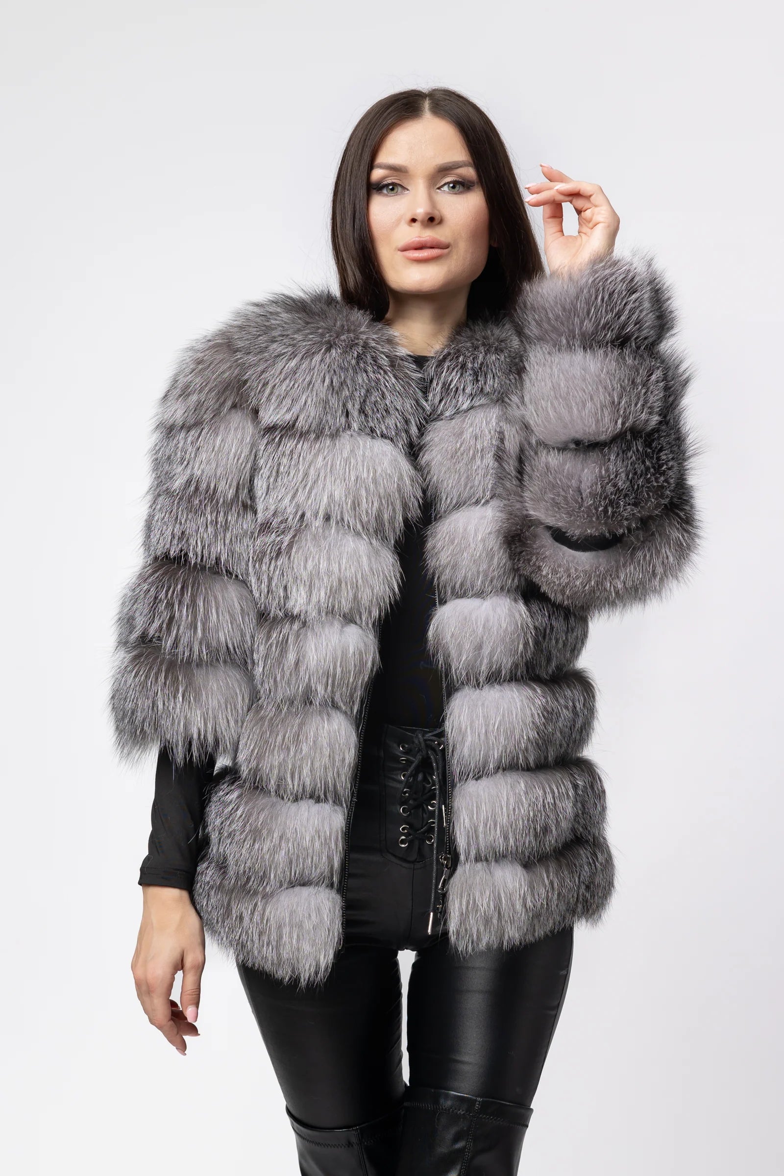 Haină din Blană Naturală de Vulpe, Femei, Transformabilă 6 în 1, Silver Grey 257