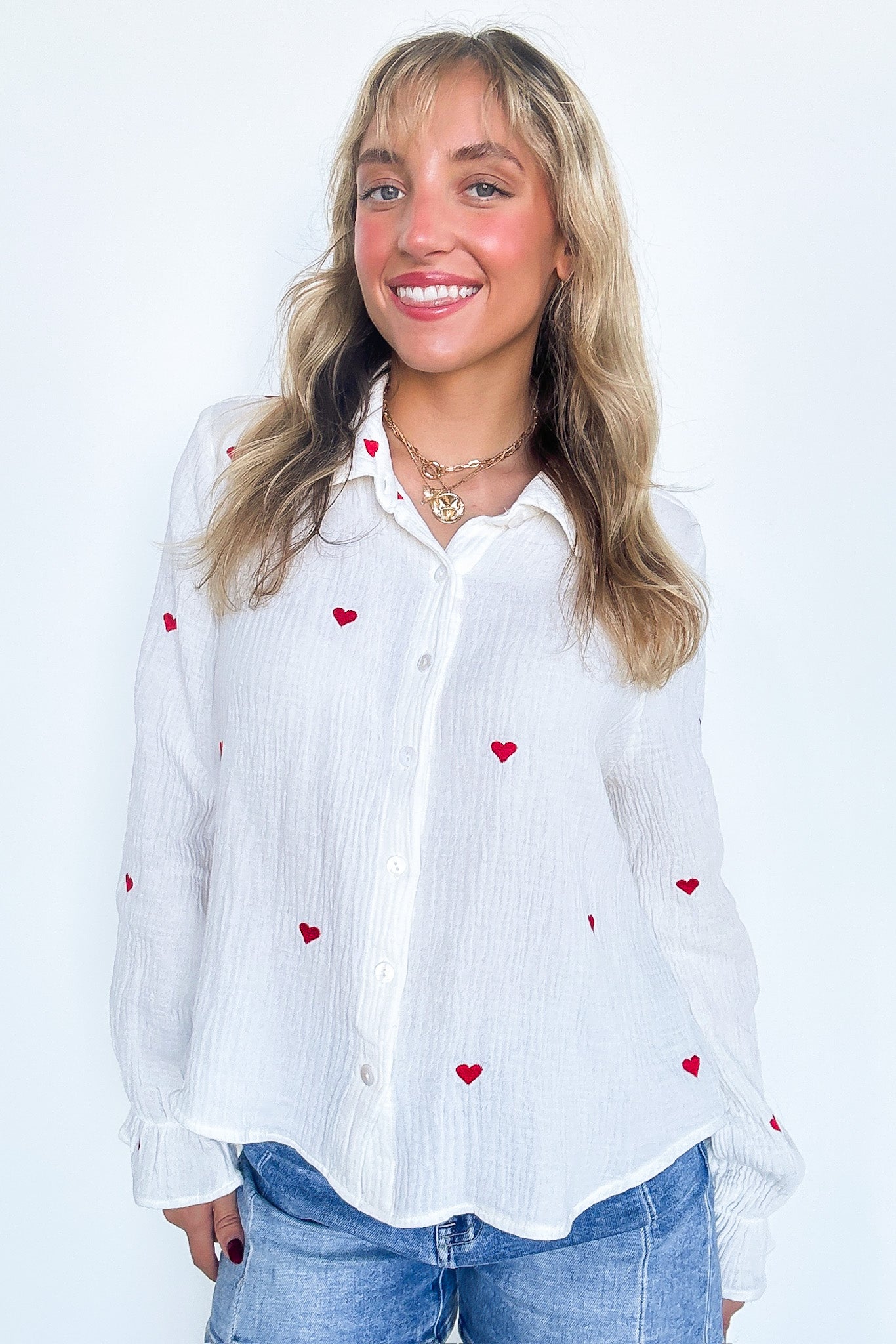 Heart Embroidered Button Down