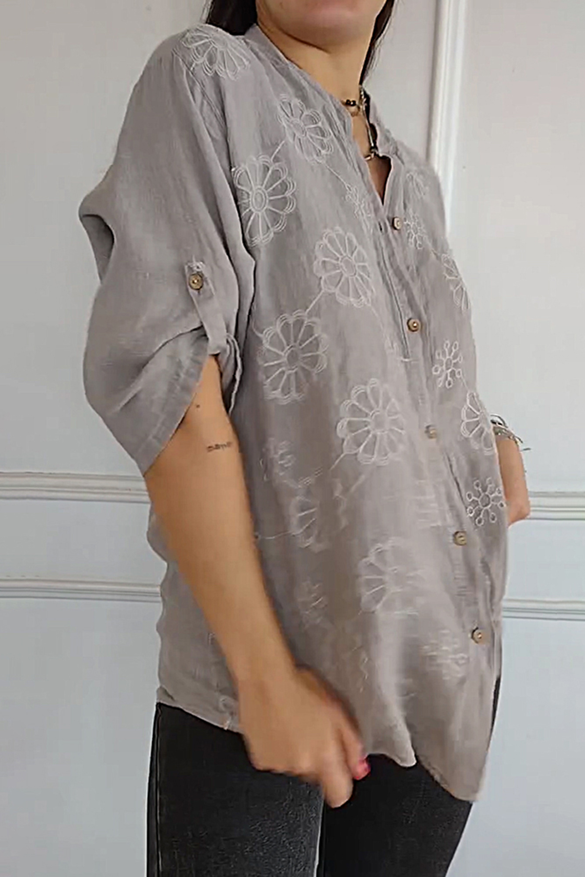 V-neck Cotton And Linen Casual Top