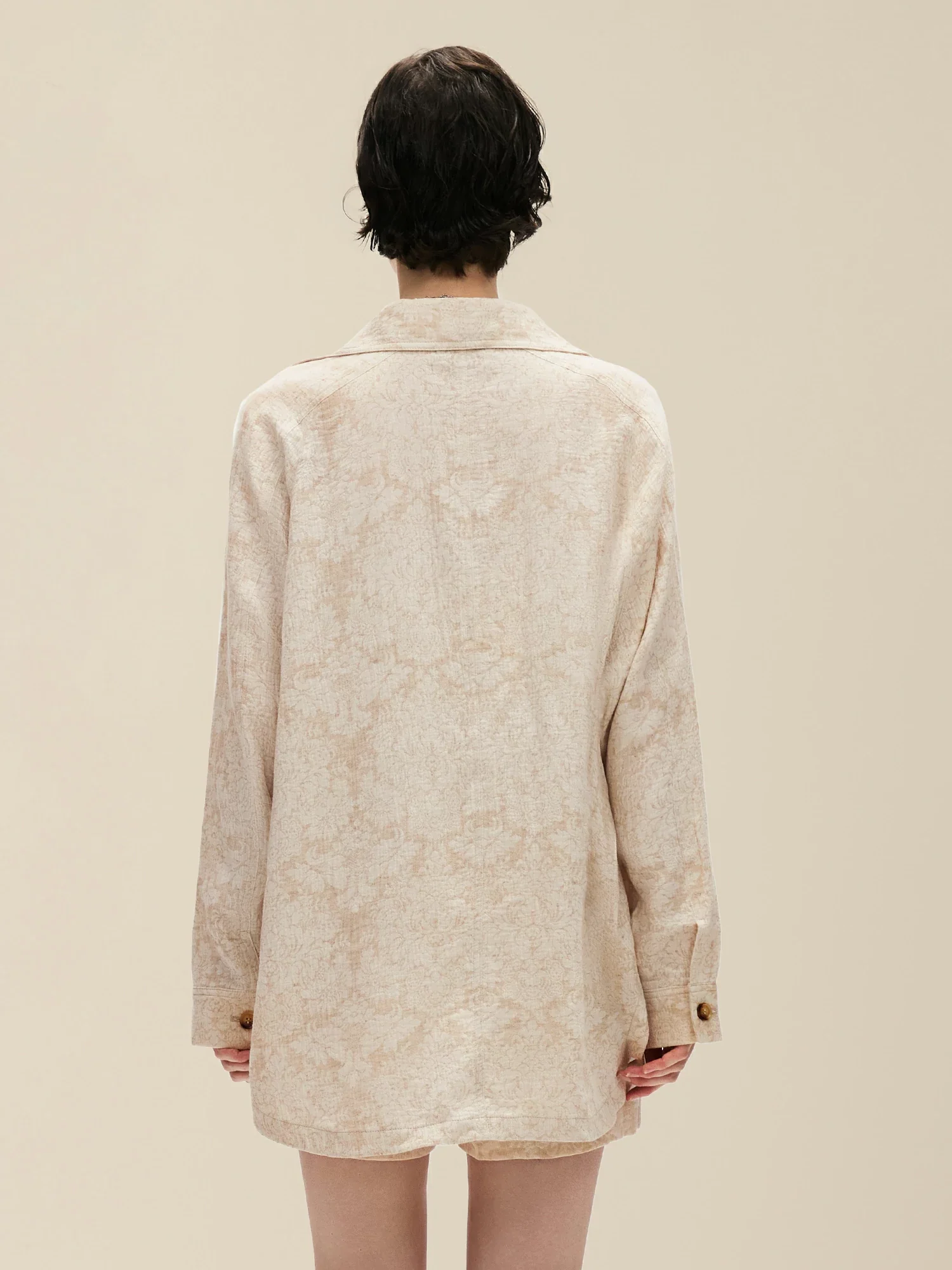 Cotton & Linen Lapel Long Sleeve Jacquard Blouse