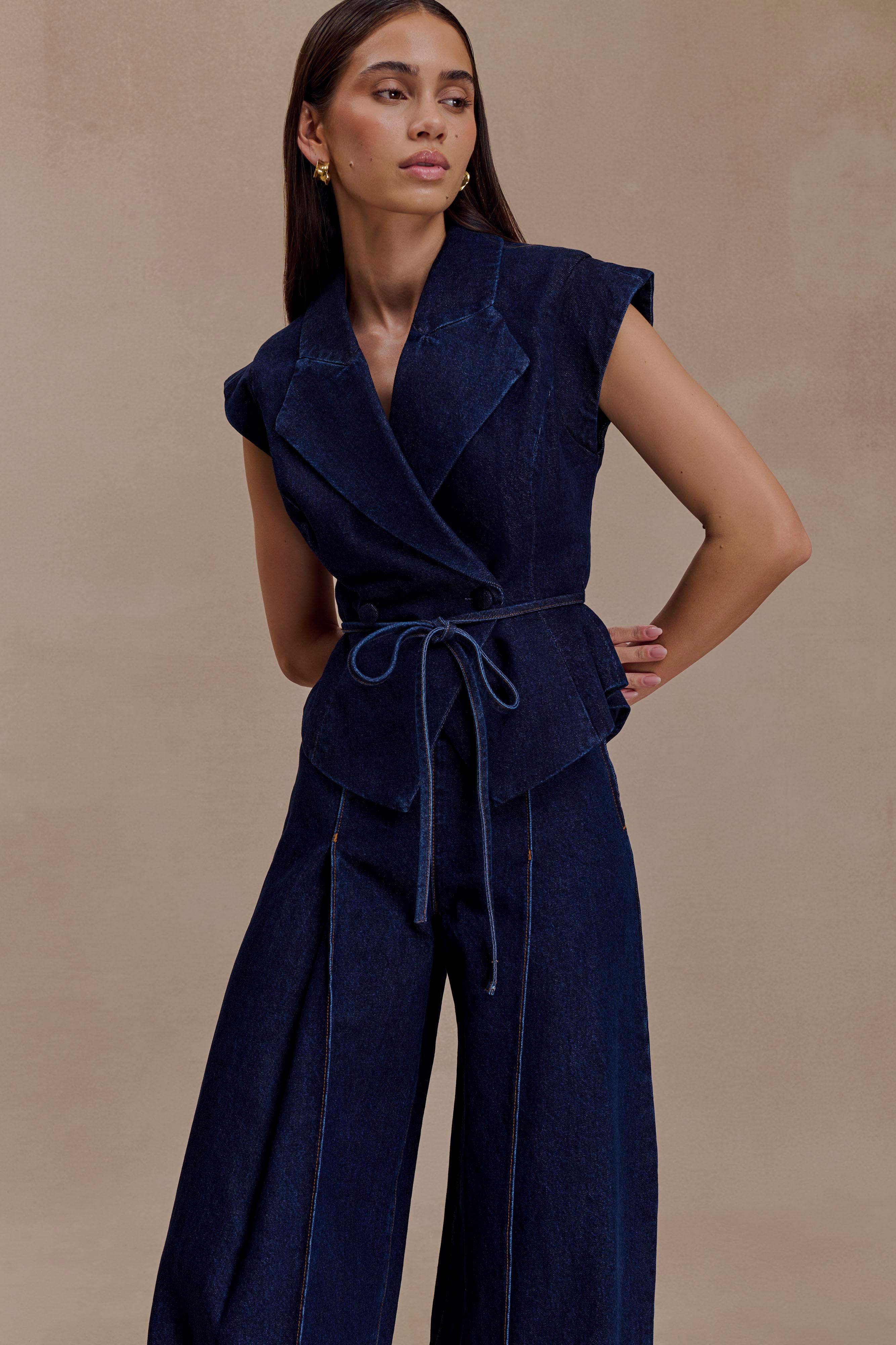 Blue Structured Tie Denim Top