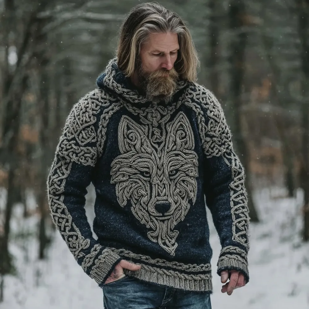 Men's Viking Inspired Celtic Wolf Chunky Hooded Sweater