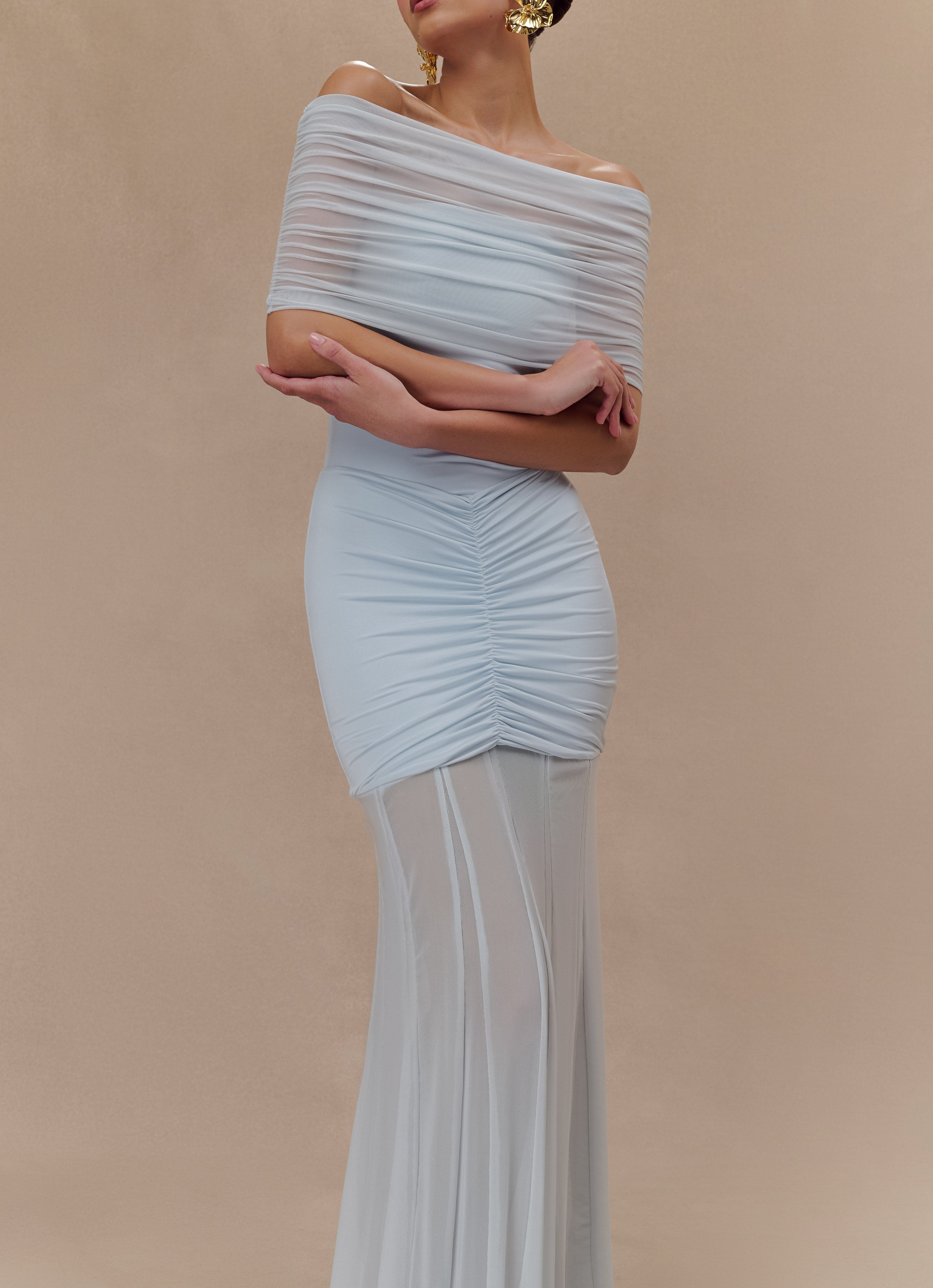 Blue Slinky And Mesh Off Shoulder Maxi Dress