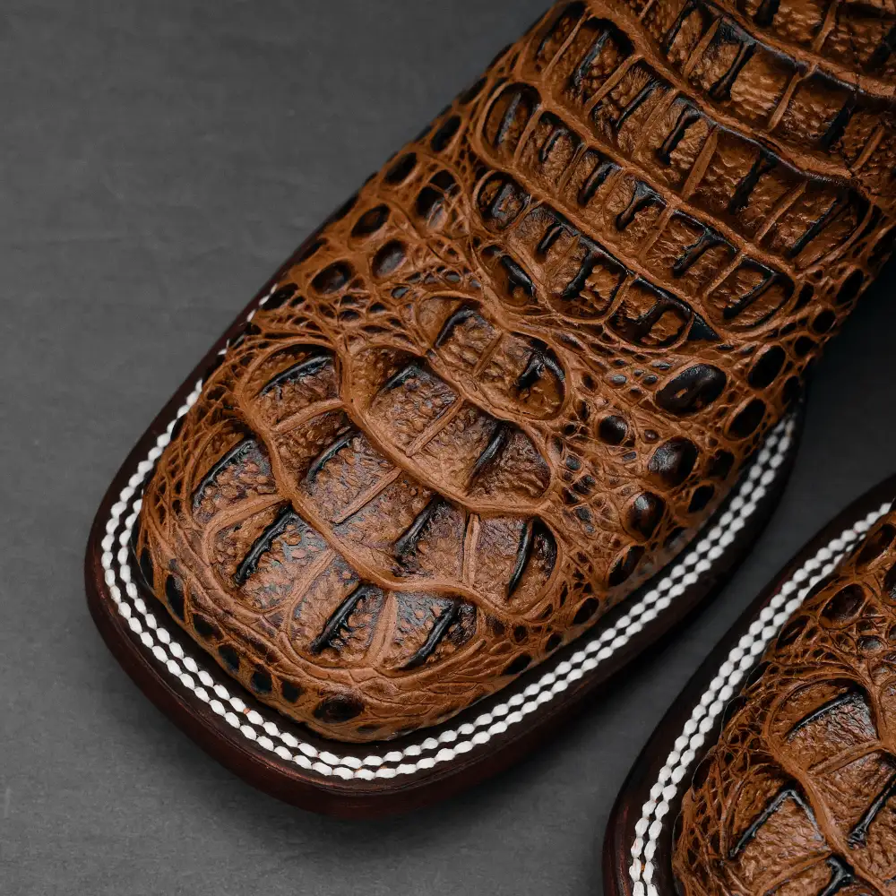 Honey Caiman Neck Leather Boots - Square Toe