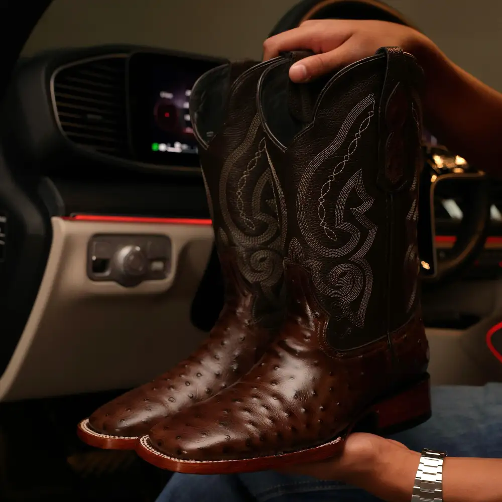 Chocolate Brown Ostrich Leather Boots - Square Toe