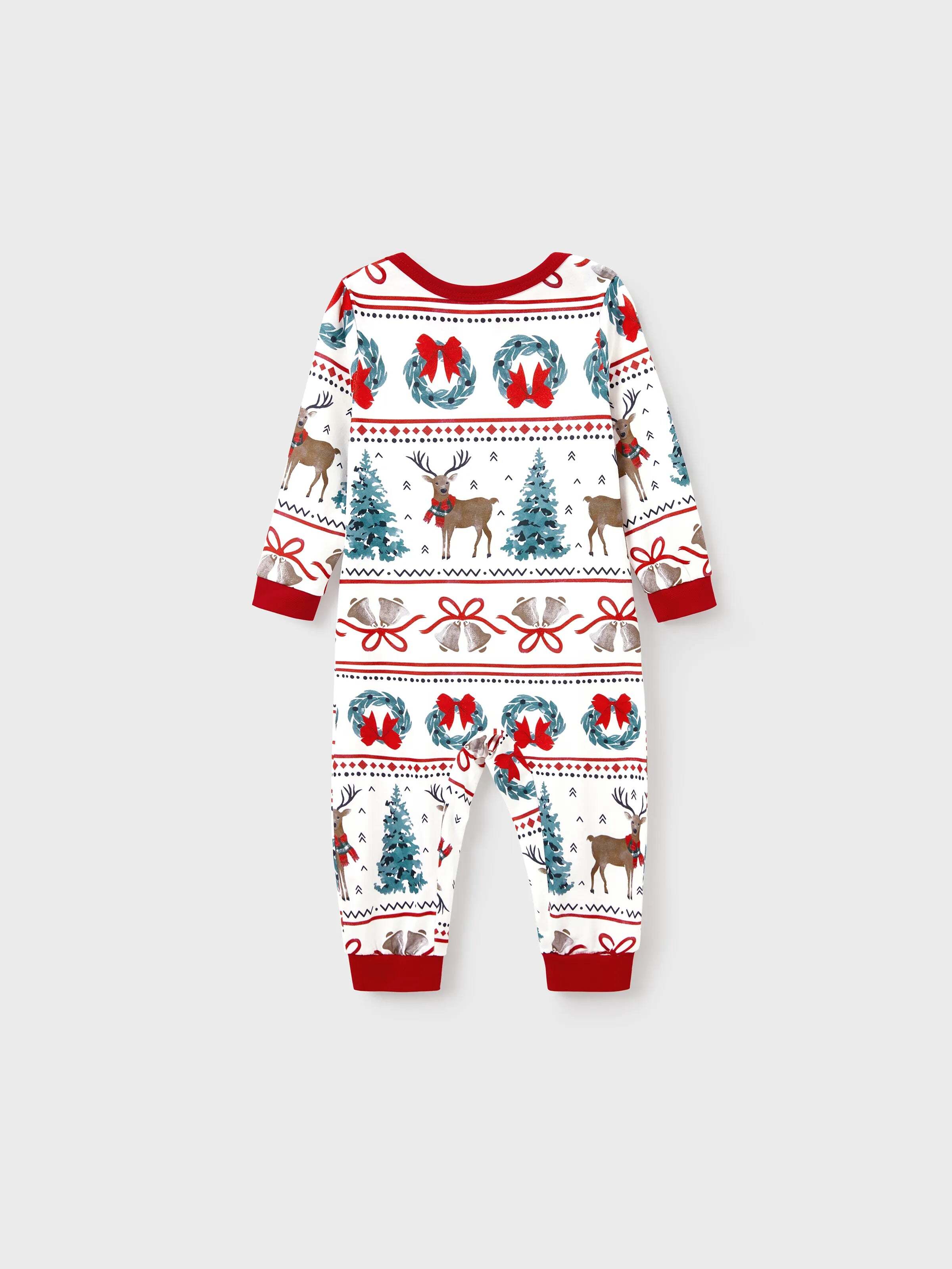 Christmas Matching Family Pajamas Set Christmas Elk and Bell Print Striped PJS with Christmas Socks White