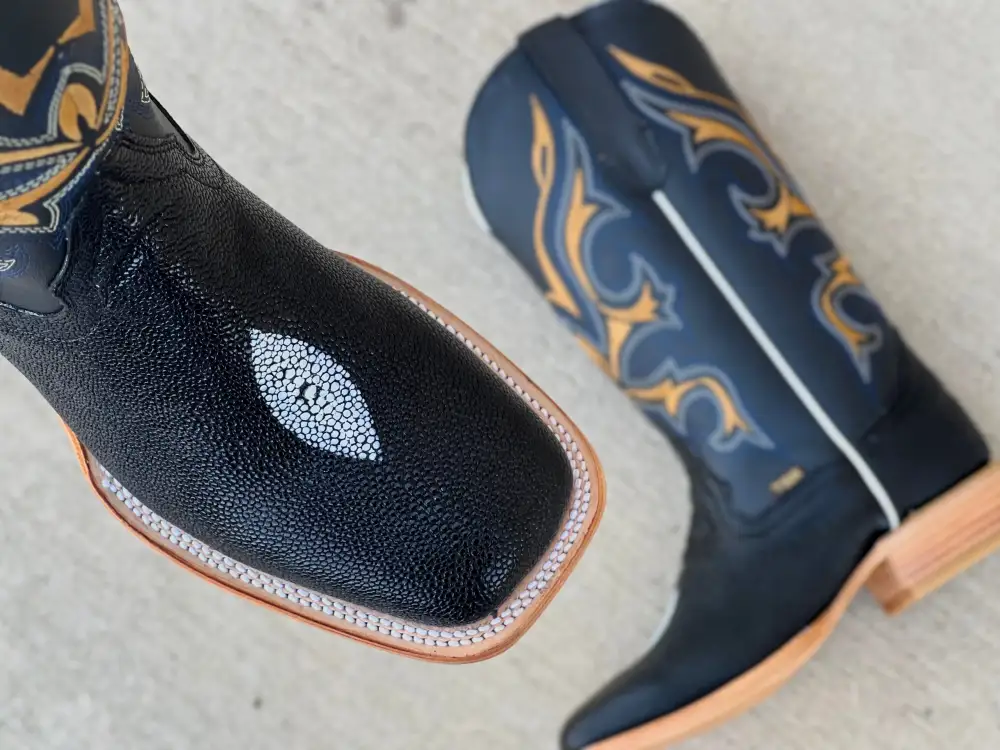 Men’s Black Stingray Leather Boots With Black Shaft/ Gold Embroidery Shaft