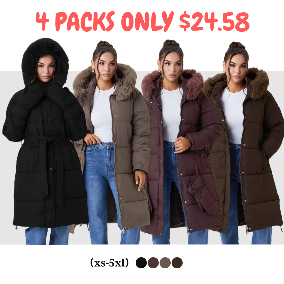 Women's Classy Solid Color Fluffy Hooded Waist Tie Zipper Thermal Long Outerwear with Gloves