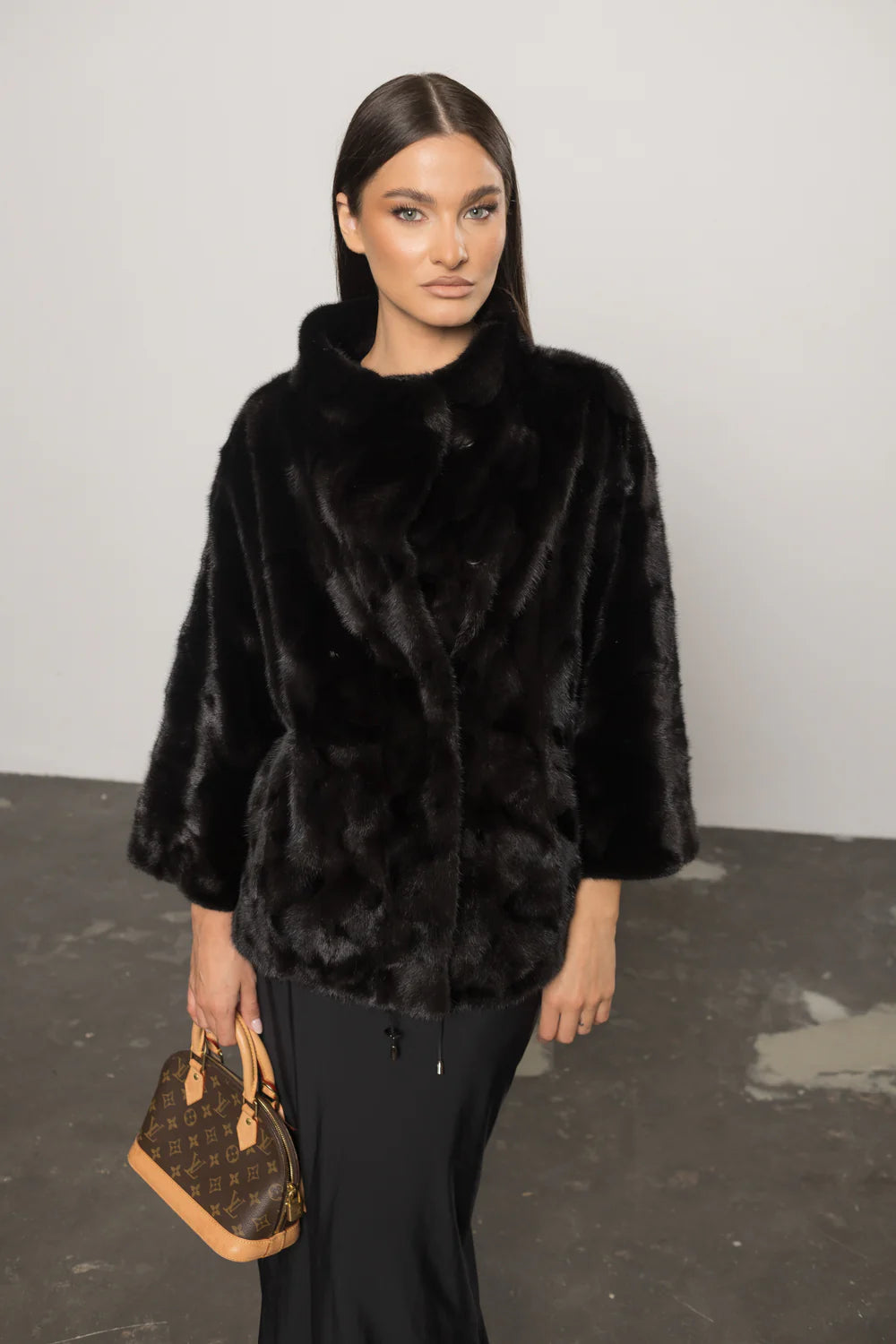 Haină din Blană Naturală de Vizon, Mâneci 3/4, Femei, Obsidian 401