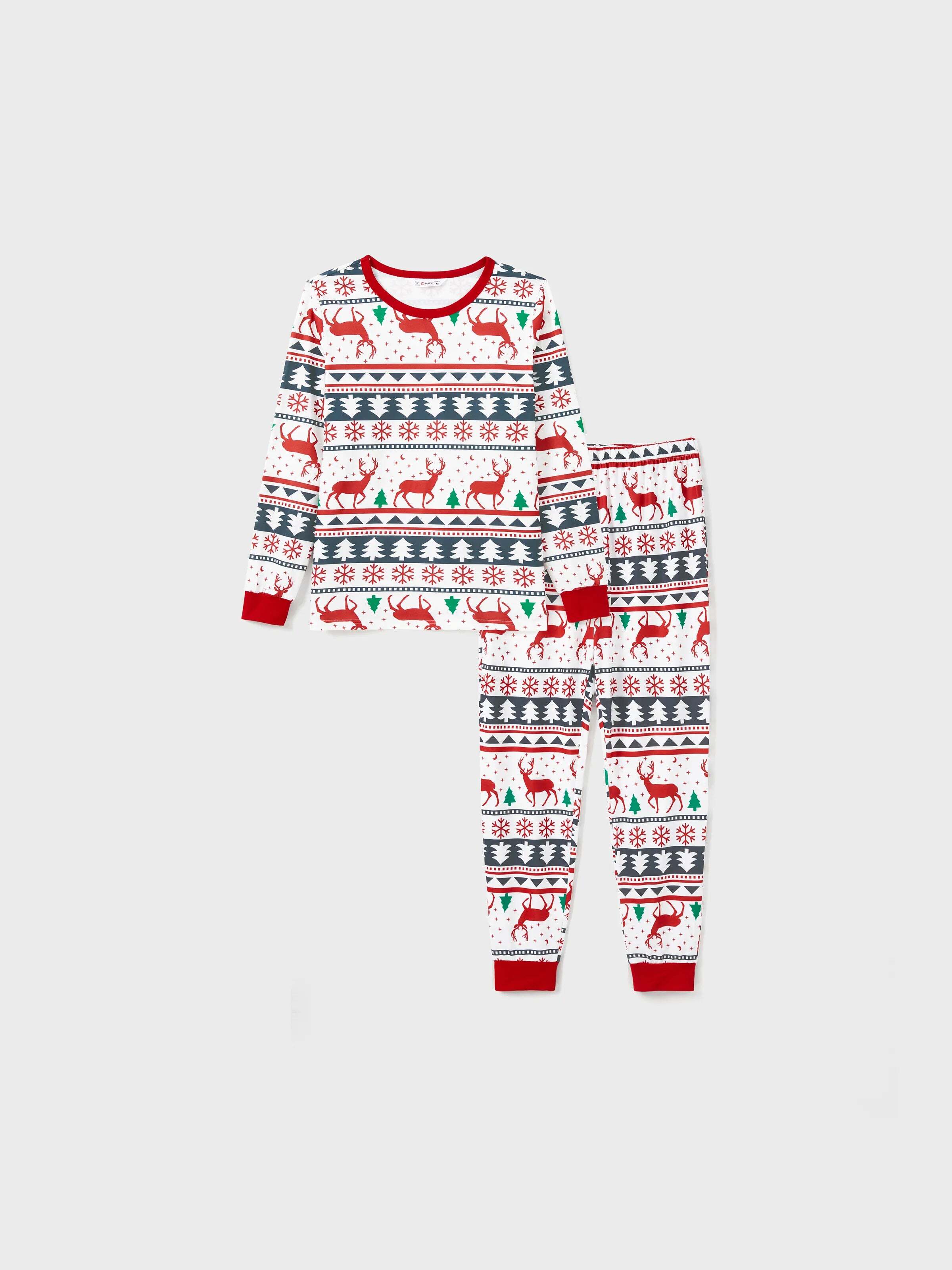 Family Christmas Pajamas All Over Reindeer Print Long-sleeve with Christmas Socks (SGS Certied Safety) Red+White