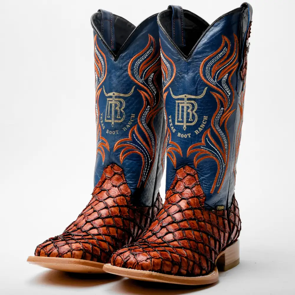 Cognac Mini Pirarucu Leather Boots - Square Toe