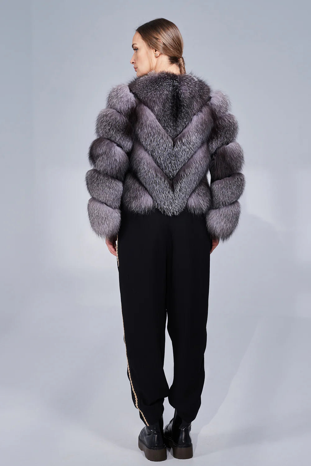 Haină din Blană Naturală de Vulpe Argintie, V Model, Transformabilă, Femei, Grey Frost 242