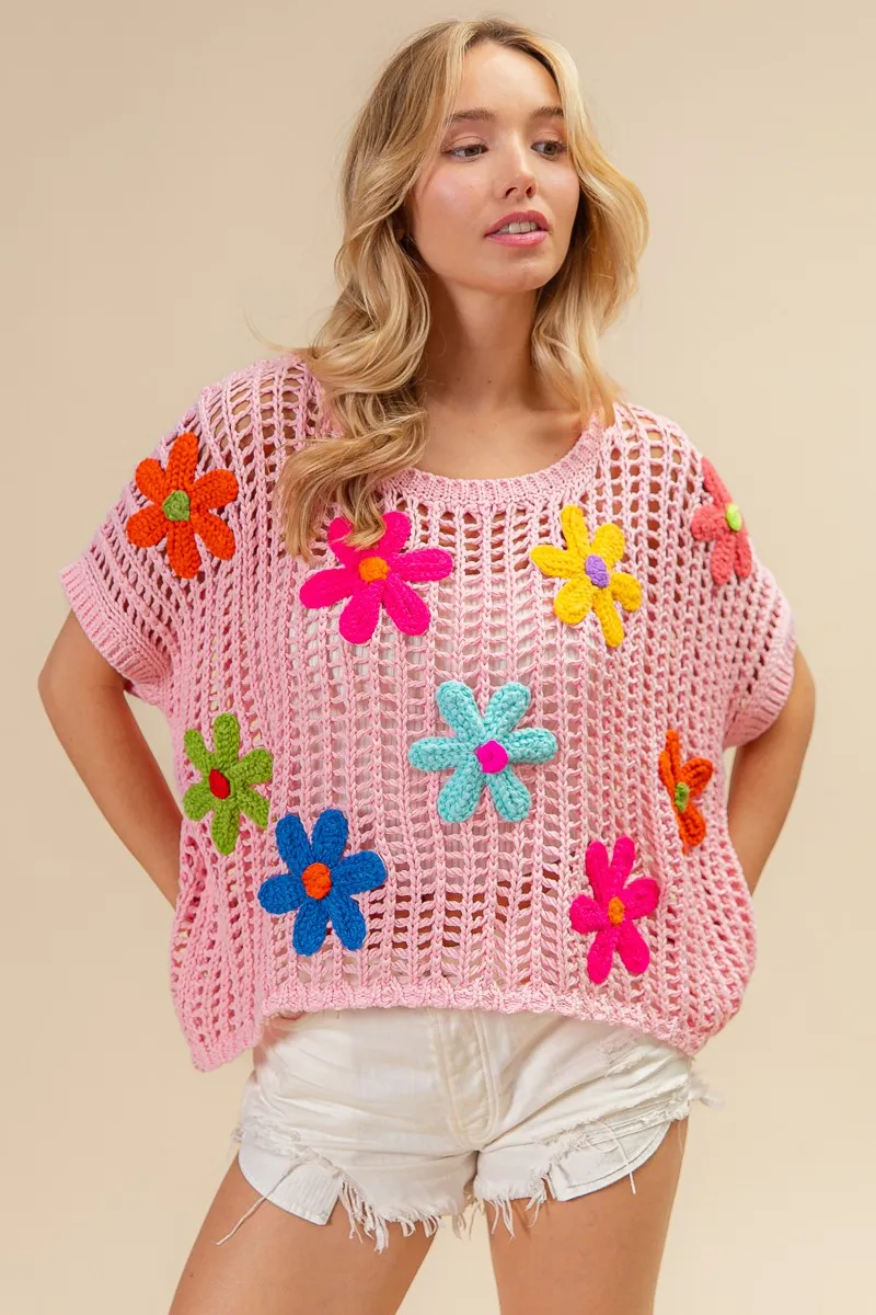Flower Patches Short Sleeve Knit Cover Up