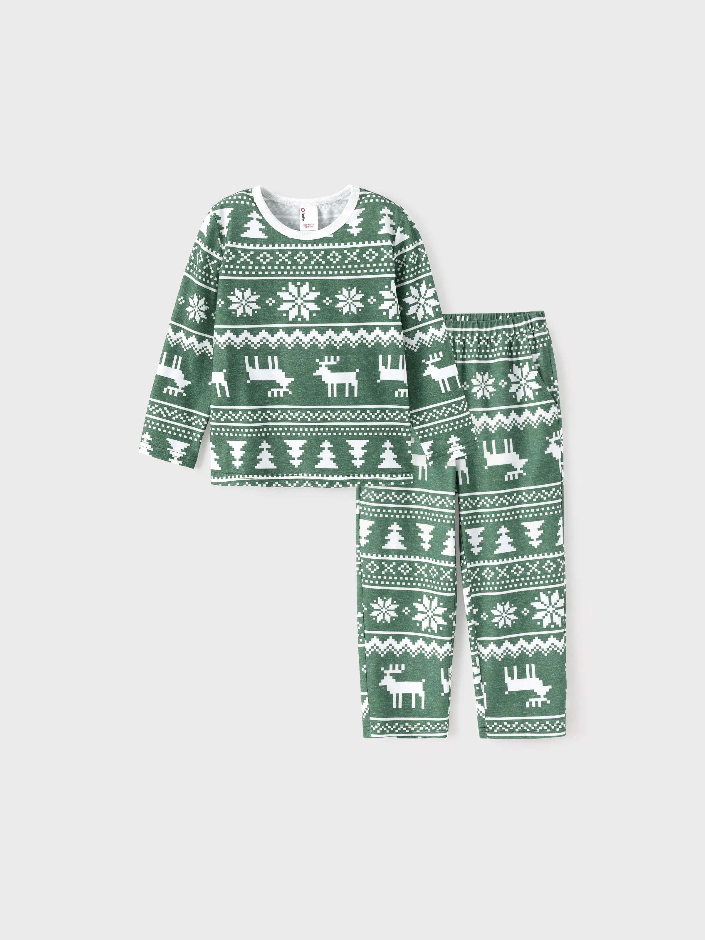 Christmas Matching Family Pajamas Set Reindeer and Snowflake Green Print PJS with Christmas Socks Dark Green
