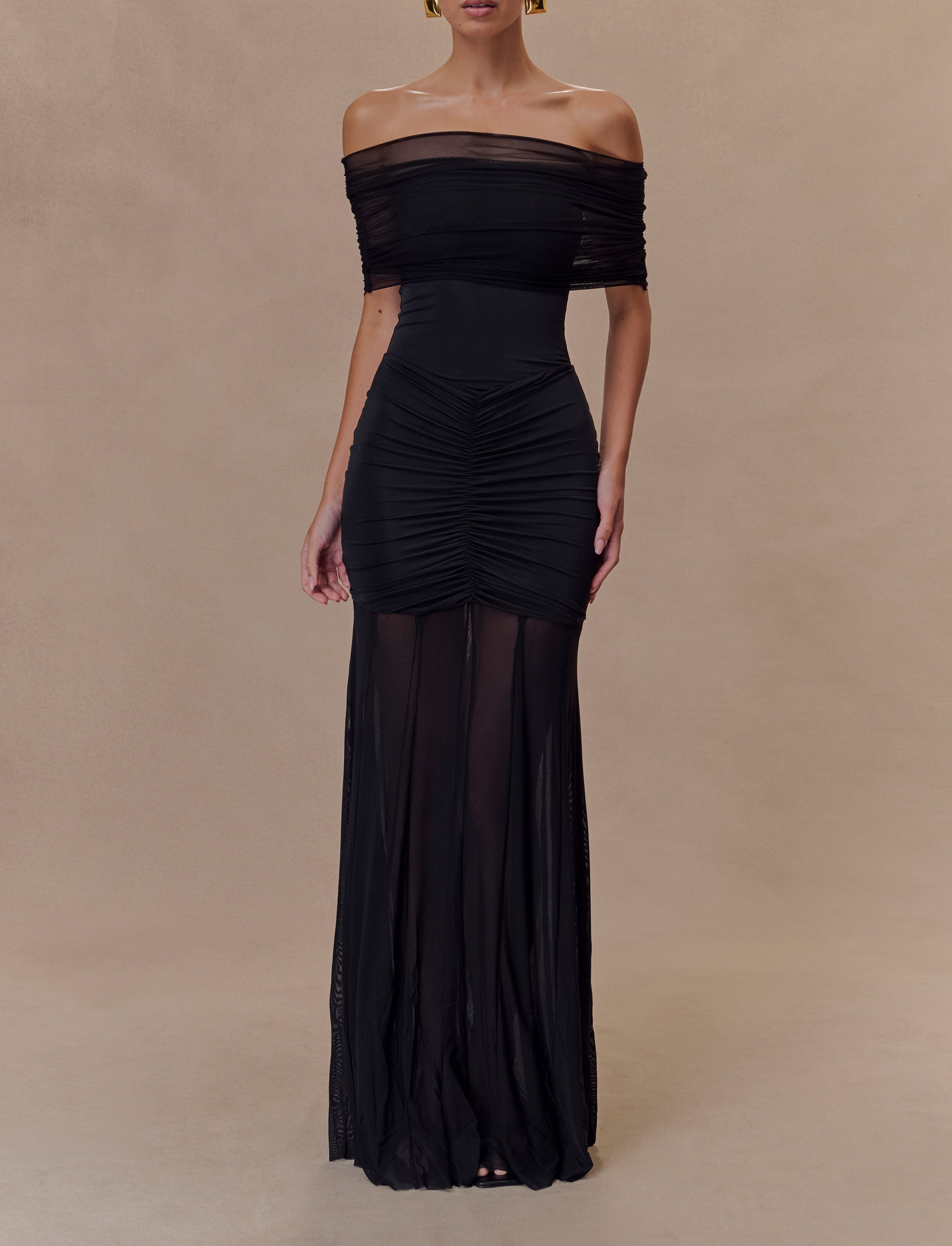Black Slinky And Mesh Off Shoulder Maxi Dress