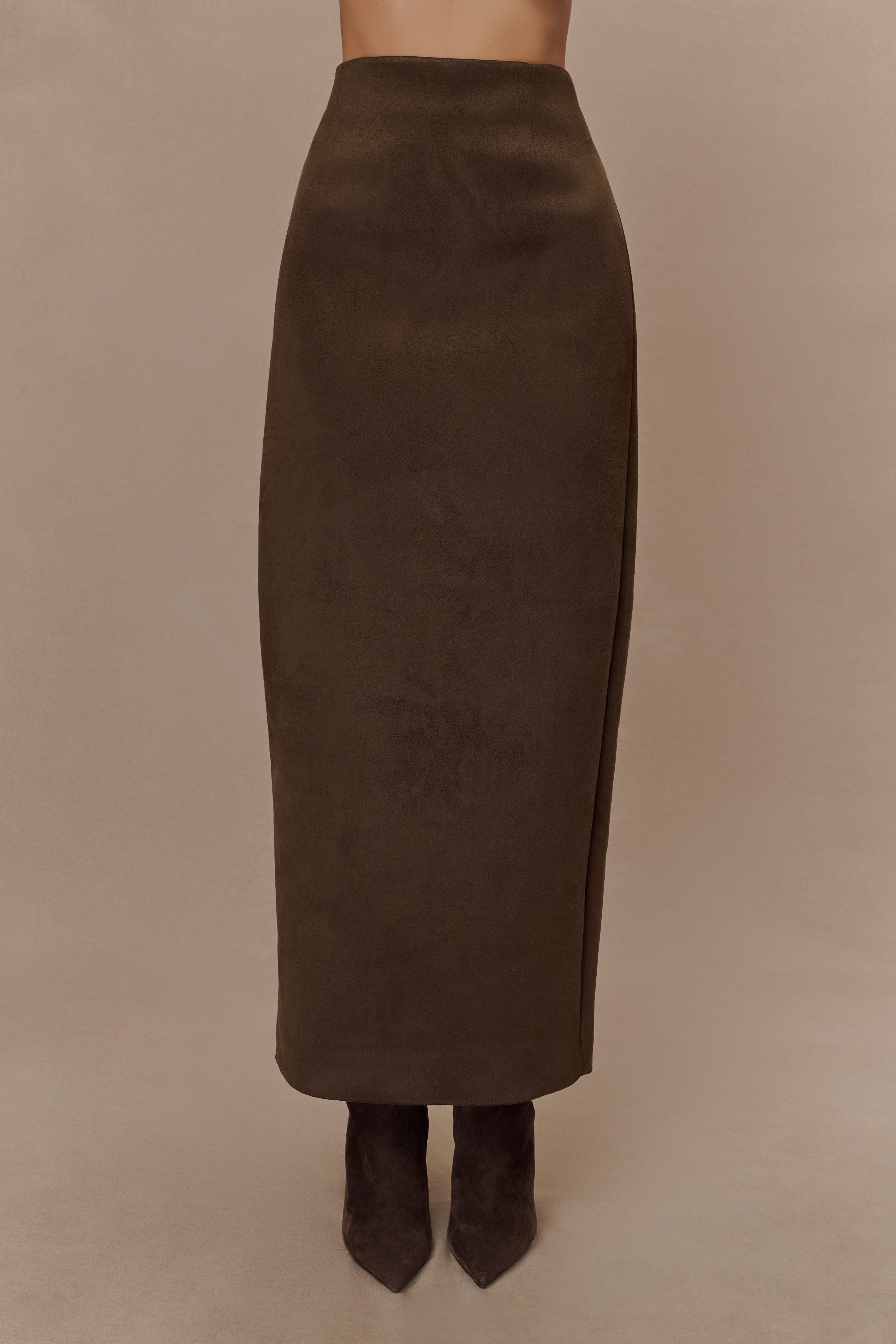 Chocolate Faux Suede Midi Skirt