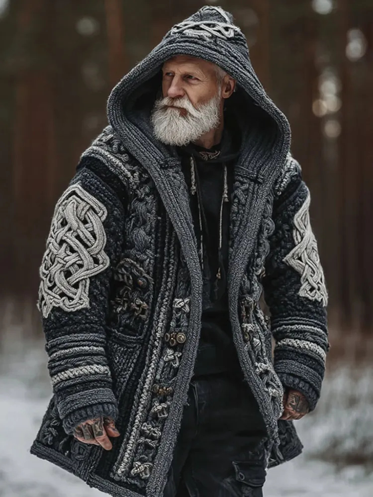Men's Viking Celtic Geometry Pattern Art Cozy Knit Hooded Cardigan