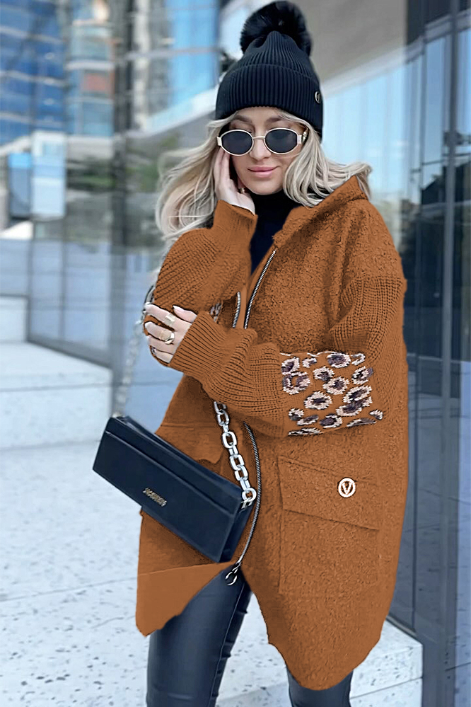 Contrast leopard print hooded knitted jacket