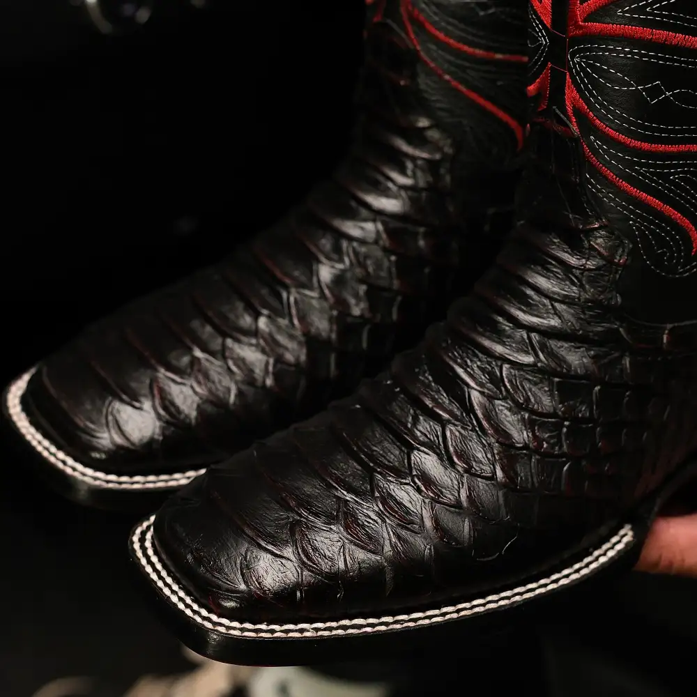 Black Cherry Anaconda Leather Boots - Square Toe
