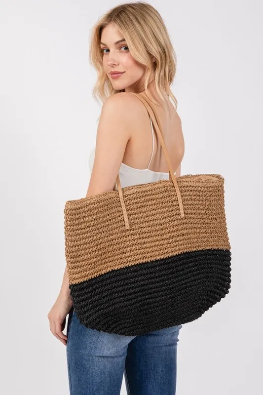 Fame Straw Braided Beach Tote Bag