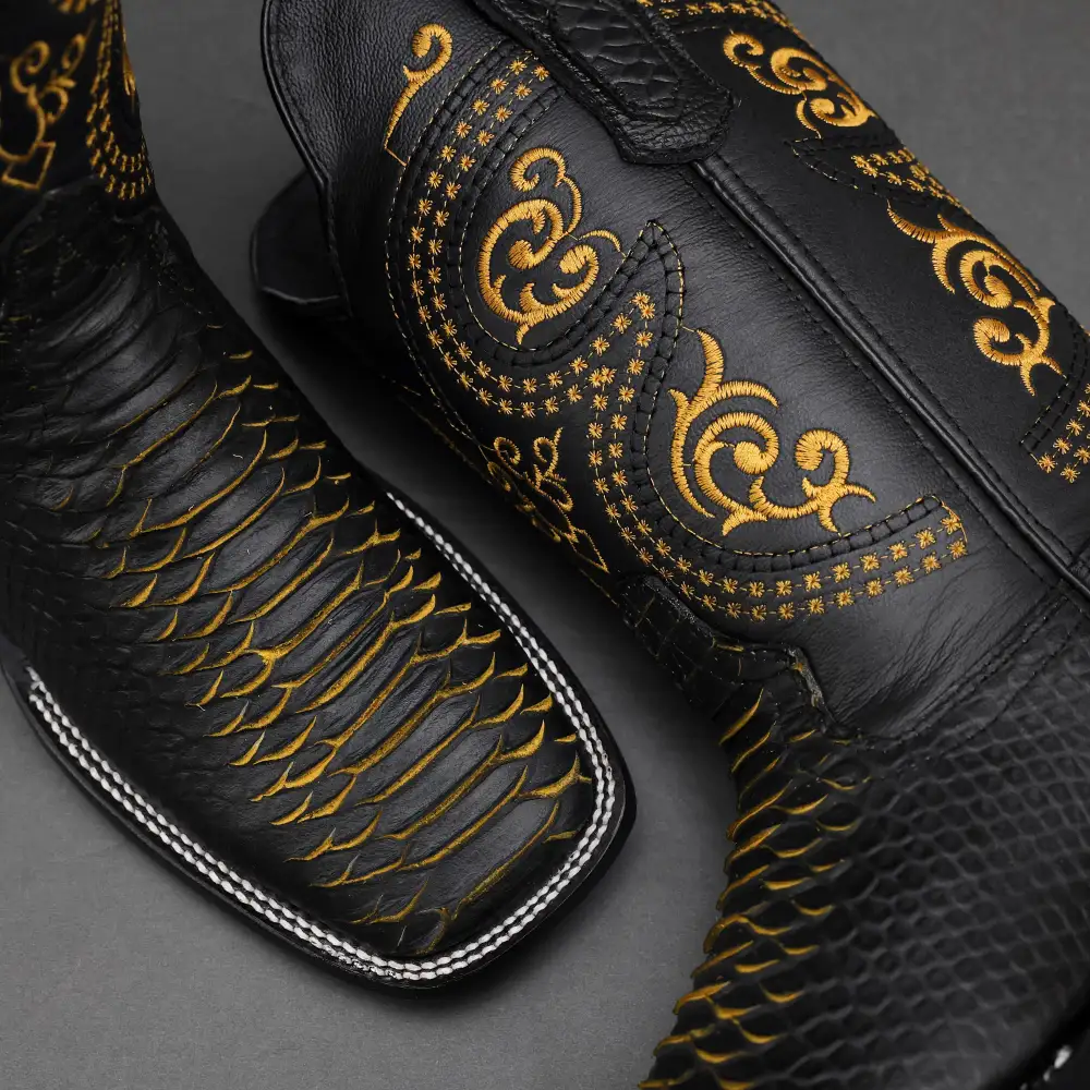 Black/Yellow Python Leather Boots - Square Toe