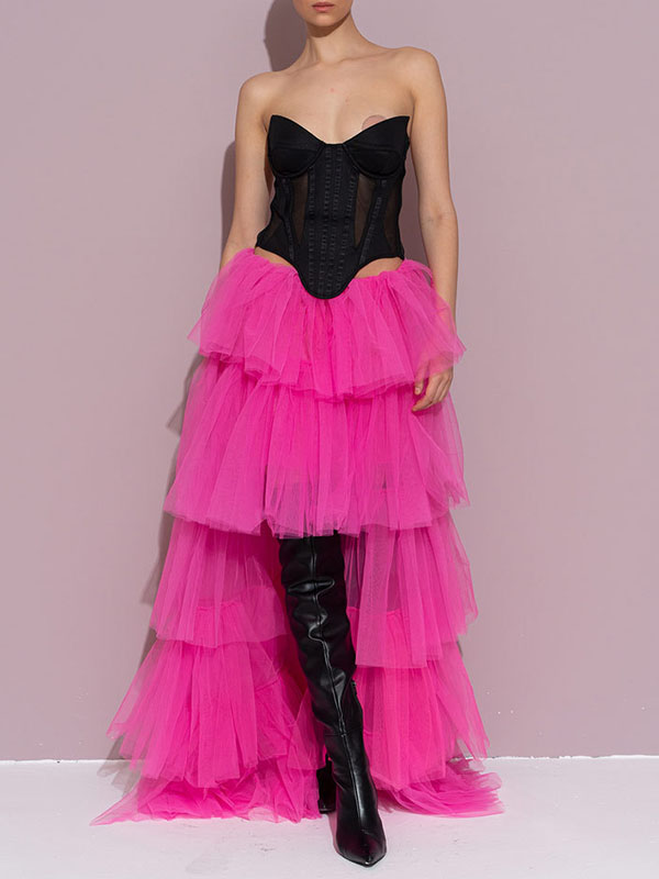 Solid Color Ruffled Pleated A-Line Asymmetric Skirt Bottoms