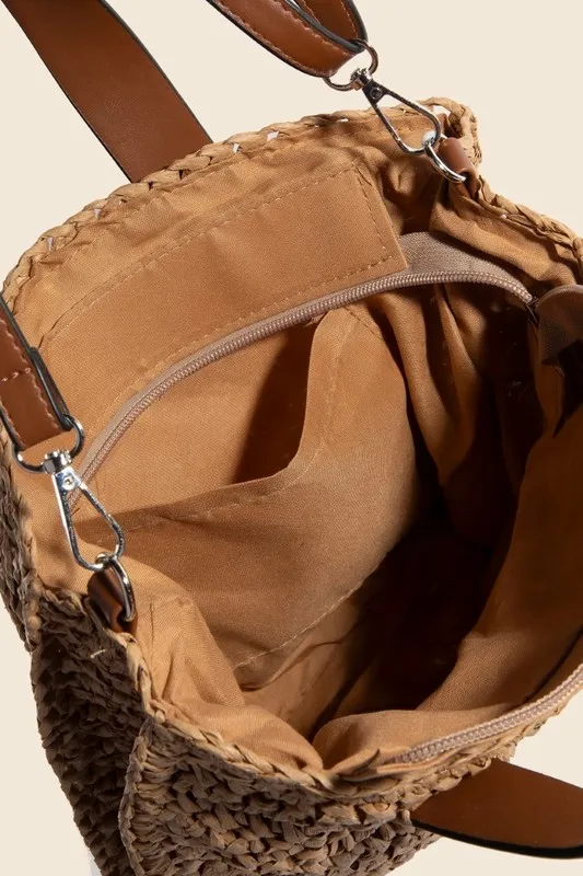 Fame Faux Leather Handle Straw Braided Handbag