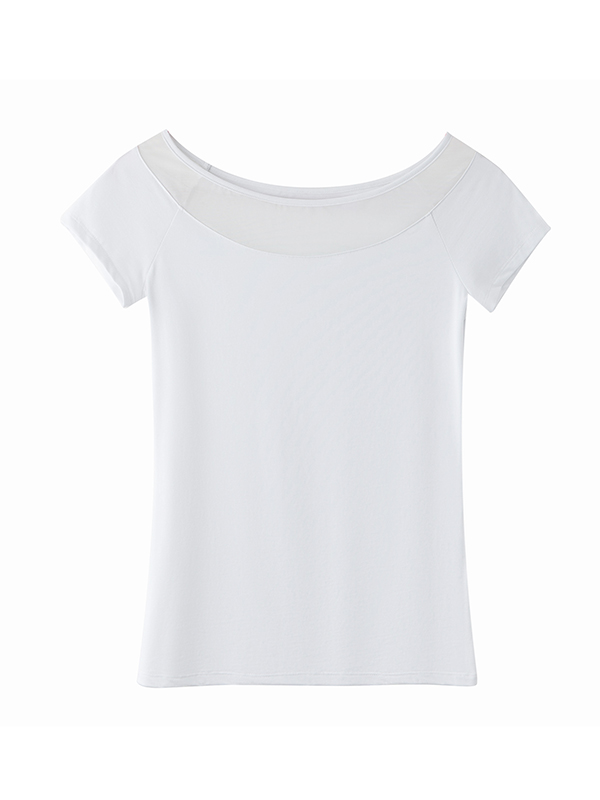 Gauze See-Through Split-Joint Short Sleeves Skinny Boat Neck T-Shirts