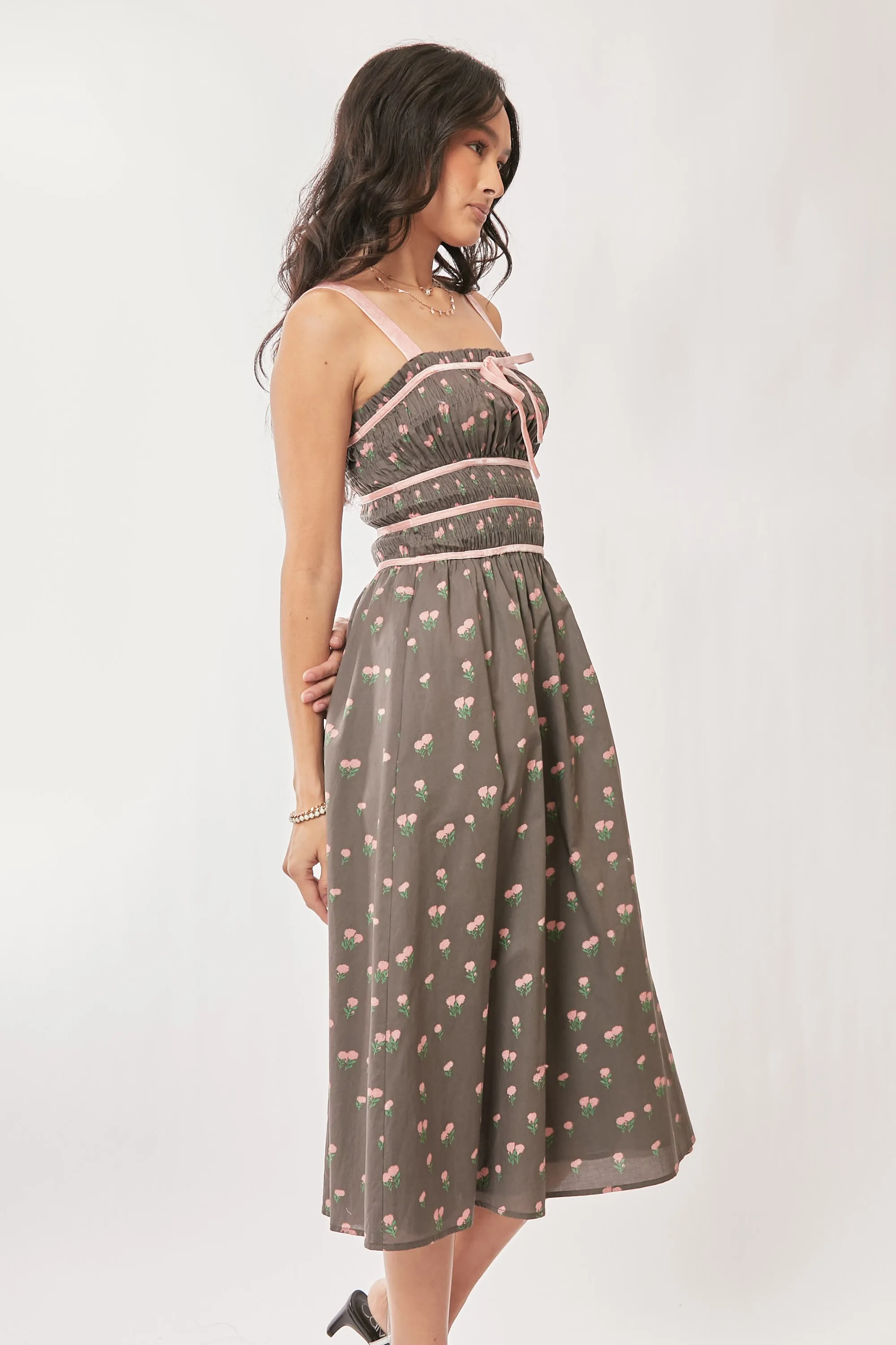 Contrast Velvet Tape Smocking Bodice Midi Dress