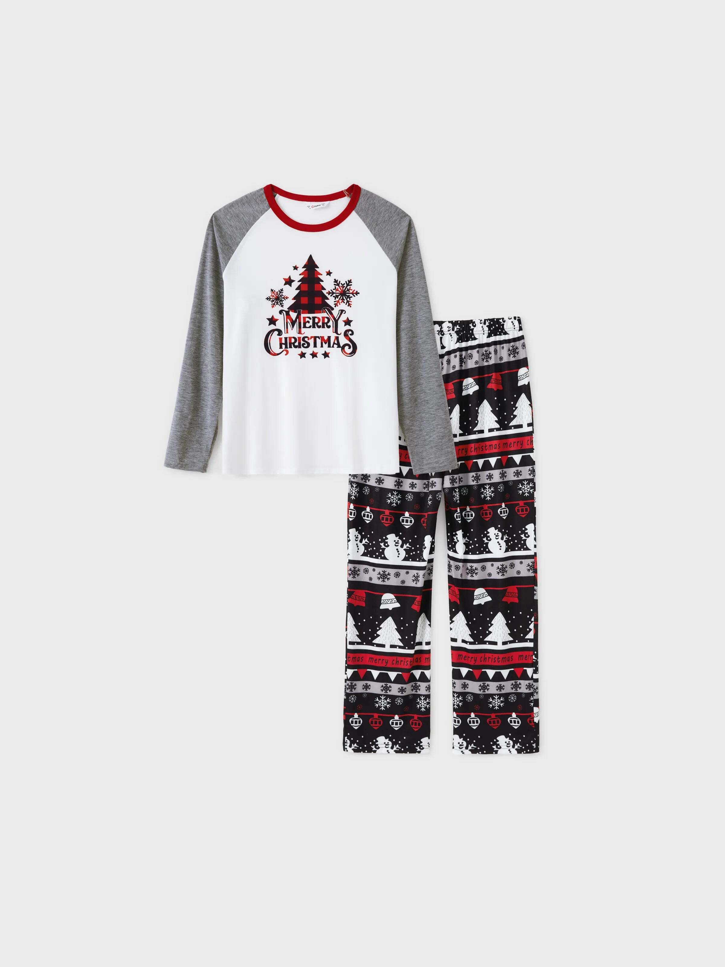 Christmas Tree Snowflake and Letters Print Grey Family Matching Long-sleeve Pajamas Sets with Christmas Socks Grey