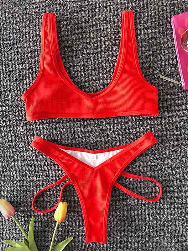 Solid Color U-Neck Bralette Hipster Hollow Bikini Swimwear