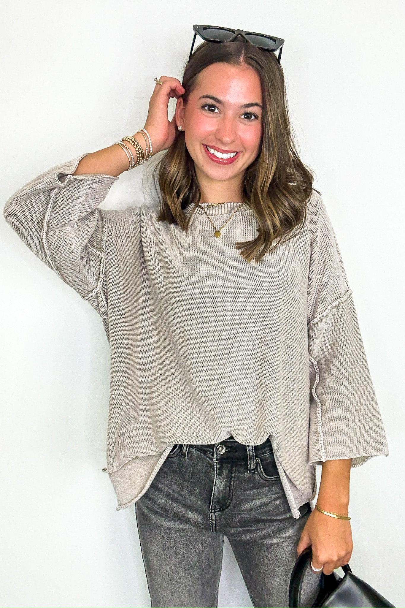 Cozy Fade Washed 3/4 Sleeve Relaxed Sweater