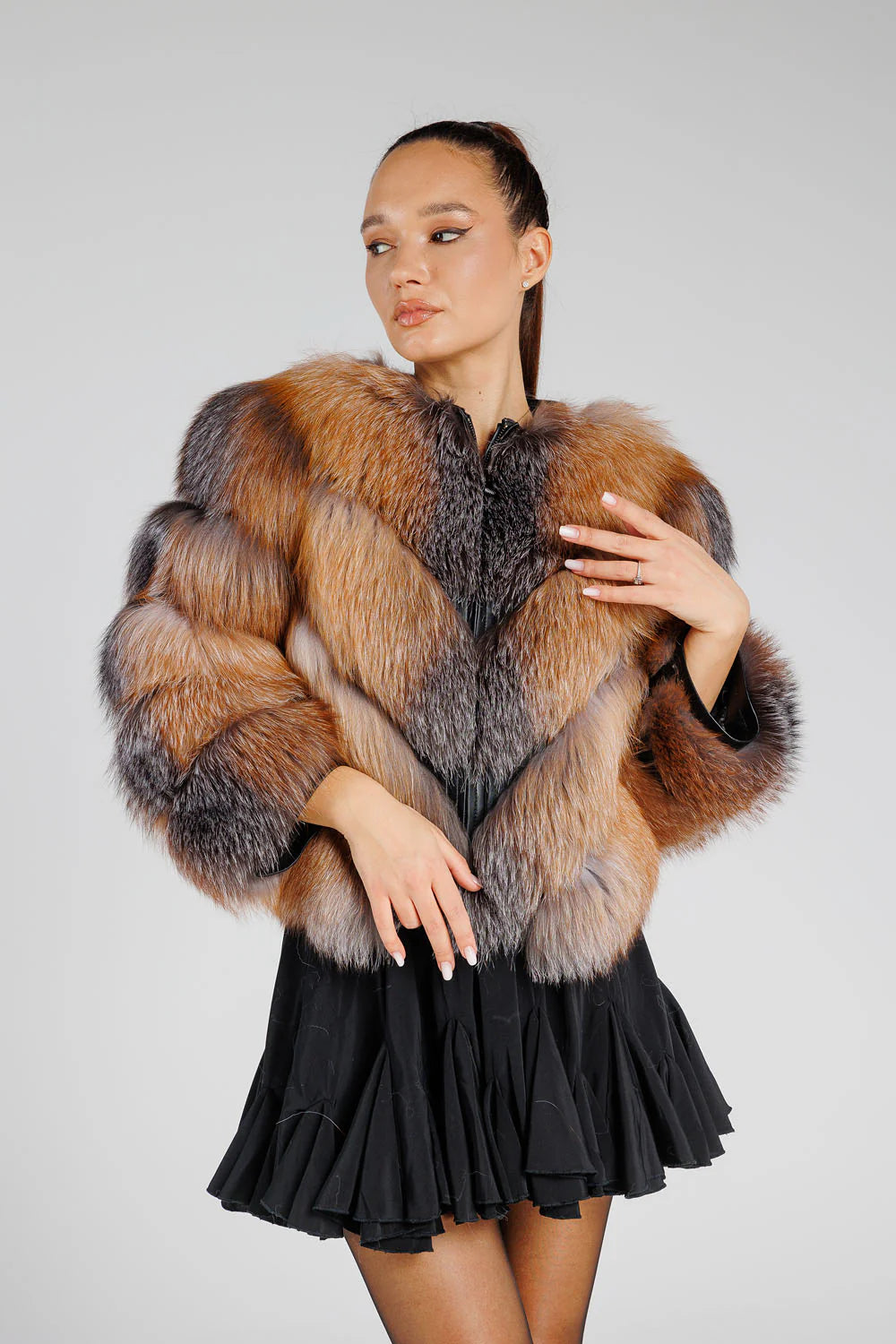 Haină din Blană Naturală de Vulpe Argintie, Transformabilă, V Model, cu Glugă Detașabilă, Femei, Brown Frost 380