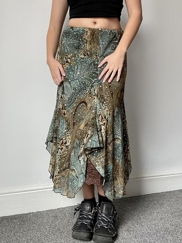 Printed Low Waist Irregular Skirt In Green