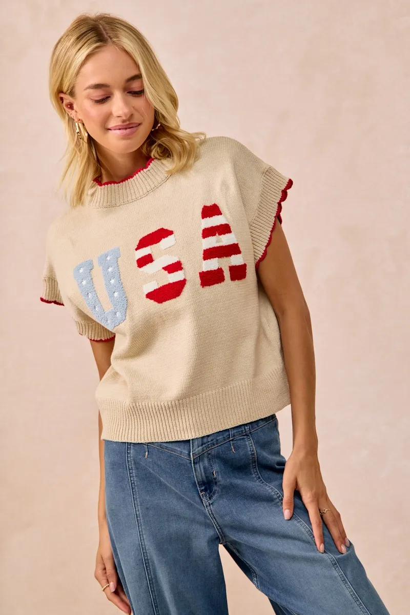 USA Patchwork Sweater Vest Top With Contrast Detail