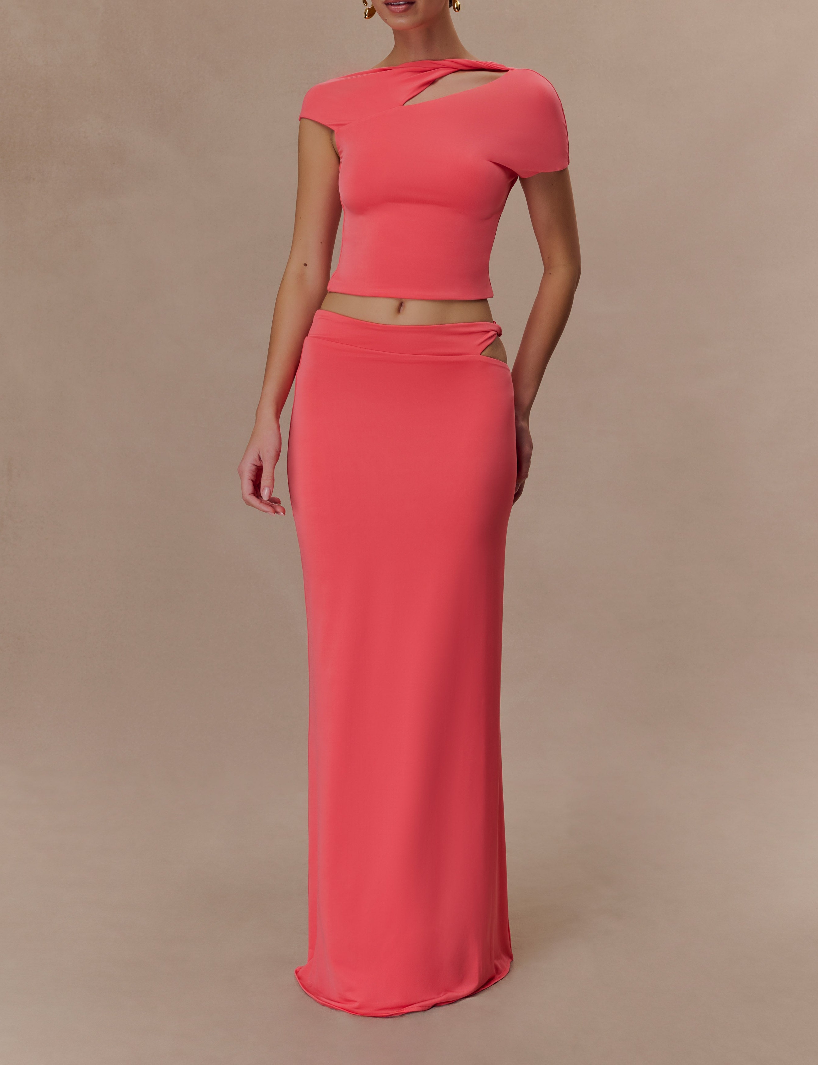 Coral Slinky Twist Midi Skirt