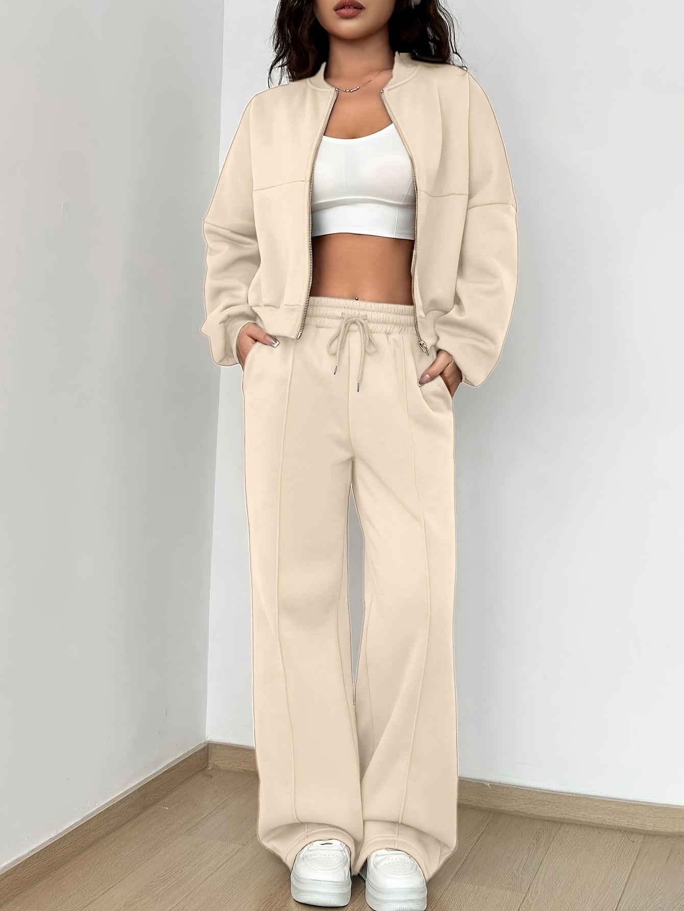 Zip-up Collarless‌ Cardigan Pants Set