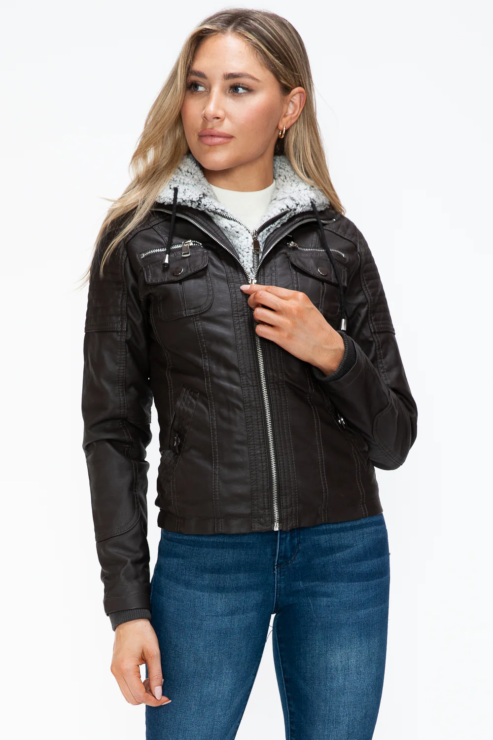 Removable Faux Layered Multi-Pocket Jacket with Fuzzy Hood