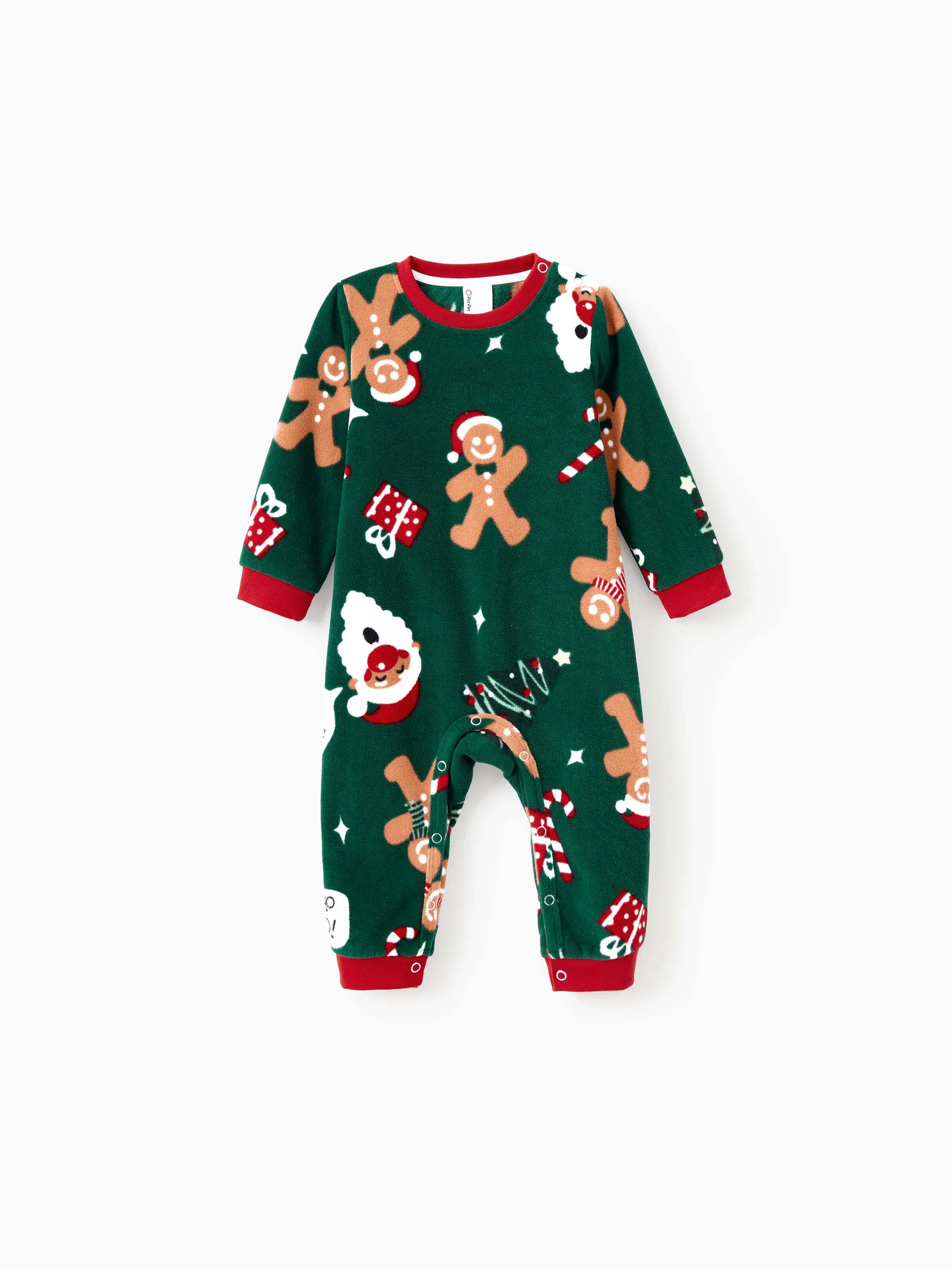 Christmas Pajamas Family Matching Fleece Gingerbread Man Long Sleeves Pajamas Sets with Christmas Socks Dark Green