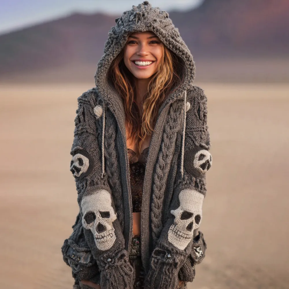 Women's Skull Embroidery Gray Vintage Hooded Sweater