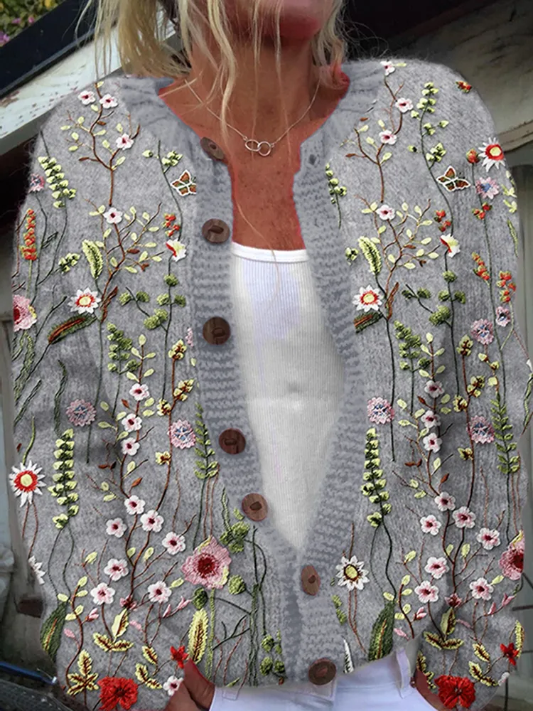 Floral Embroidery Pattern Buttoned Cardigan Sweater