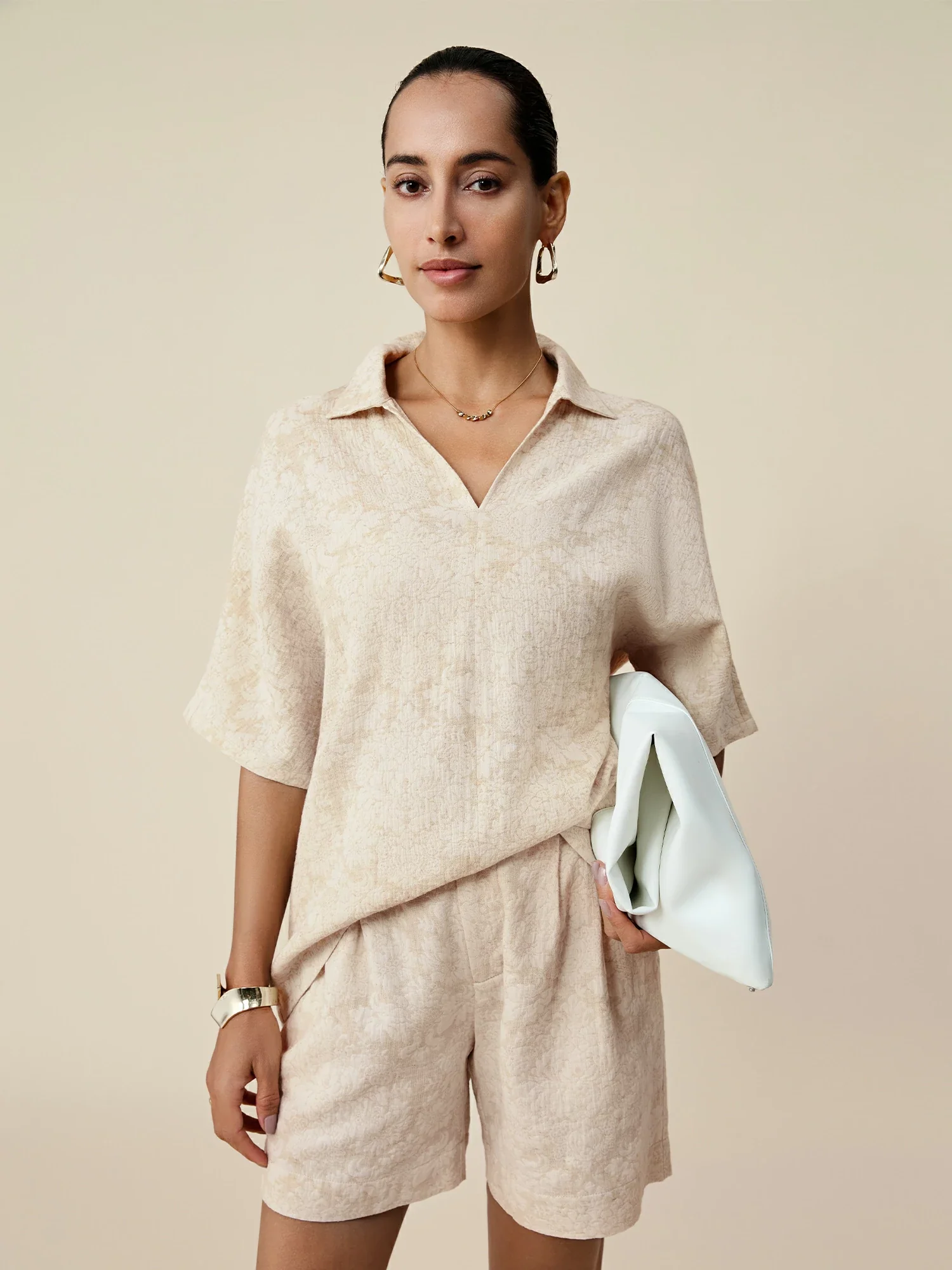 Cotton & Linen Lapel Short Sleeve Jacquard Top
