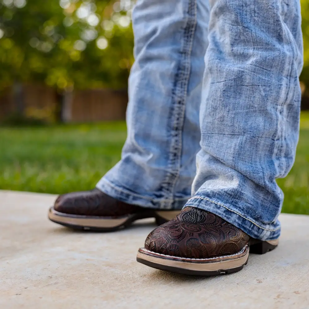 TBR Brown Hand-Tooled Leather Boots With 3D Lightweight Sole - Composite Toe