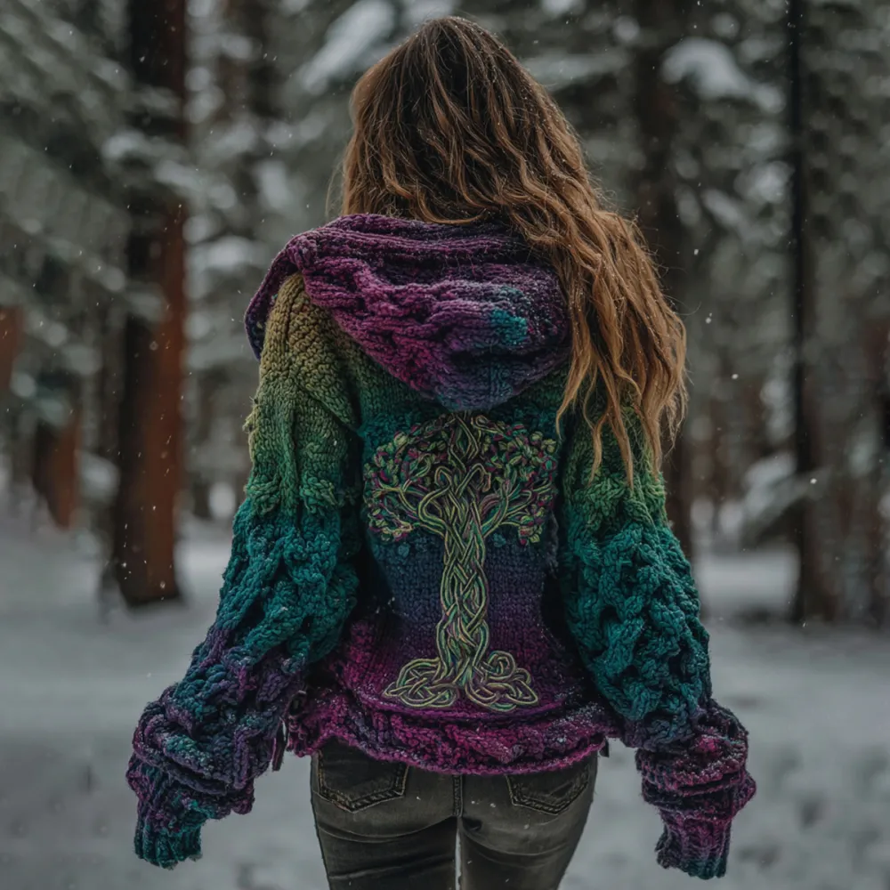 Women's Vintage Viking Tree Of Life Gradient Knit Zip-up Hooded Sweater