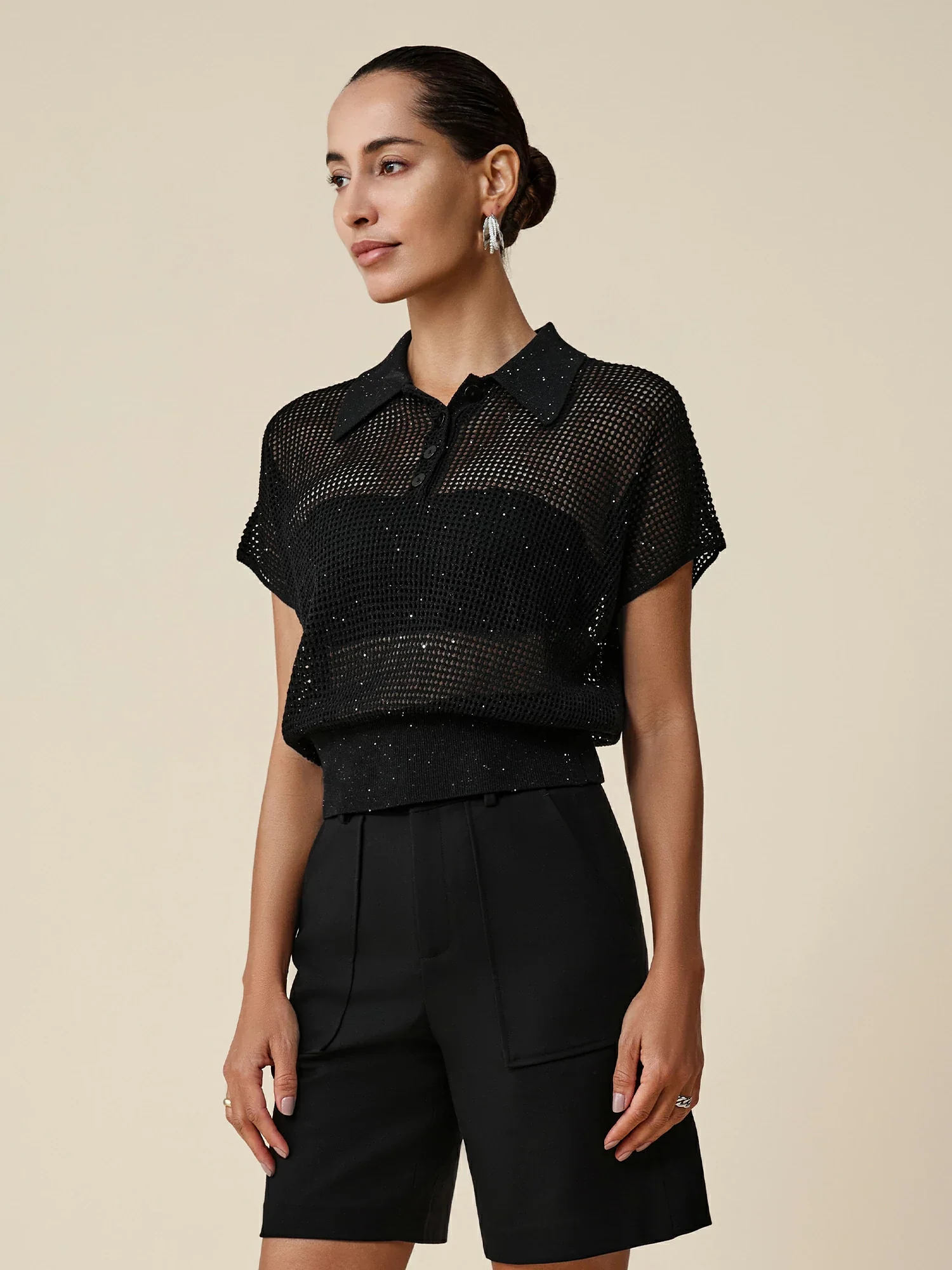 Lyocell & Linen Polo Neck Sequin Openwork Shirt
