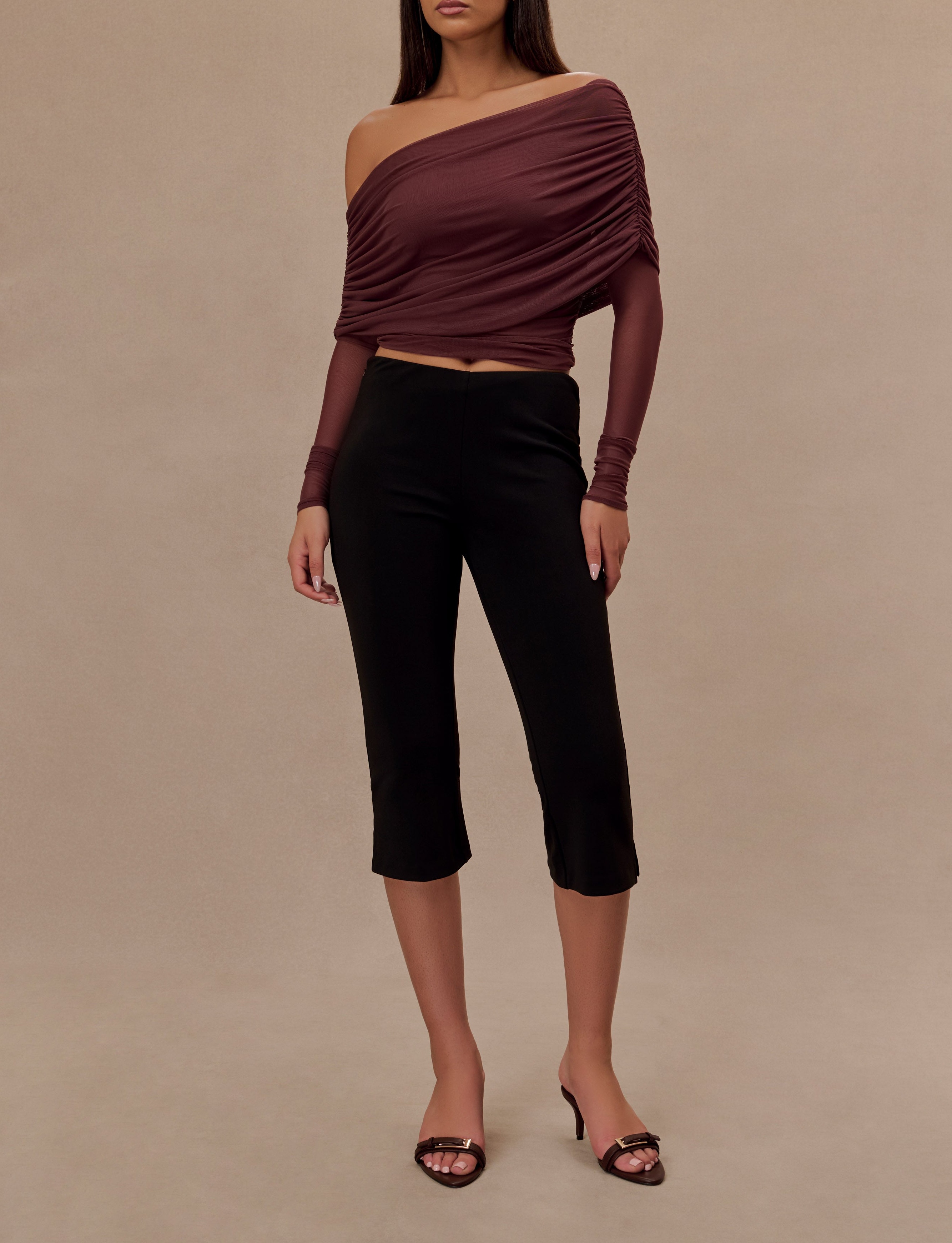 Mahogany Sheer Mesh Off Shoulder Top