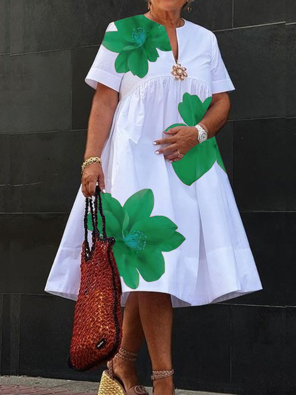 Flower Print Pleated A-Line Loose V-Neck Midi Dresses