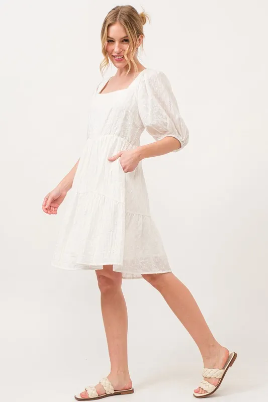 Square Neck Puff Sleeve Tiered Mini Dress