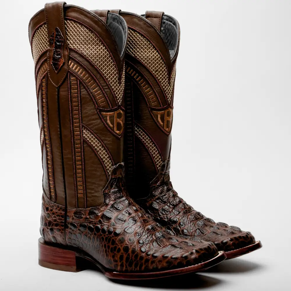 Brown Caiman Neck Leather Boots - Square Toe